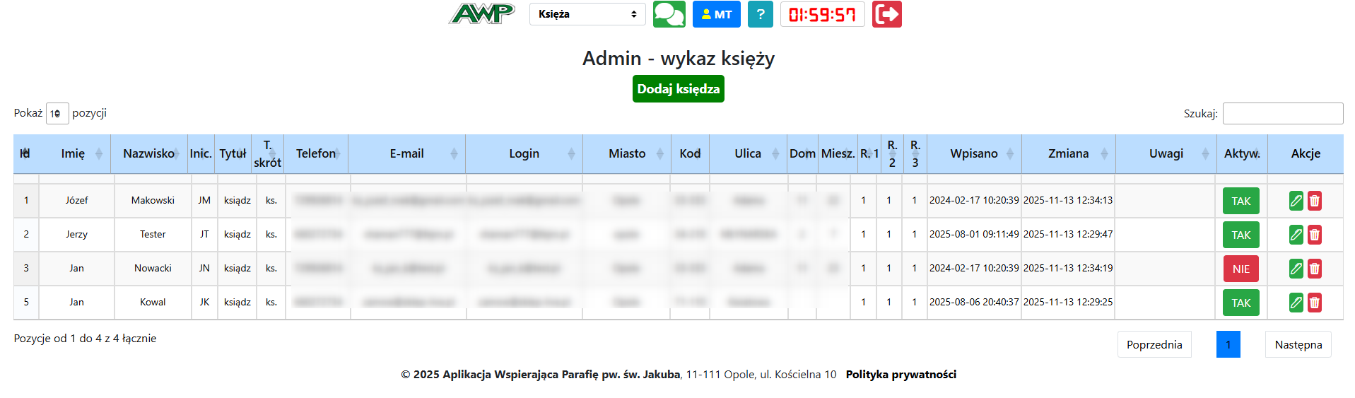 Widok główny wykazu księży