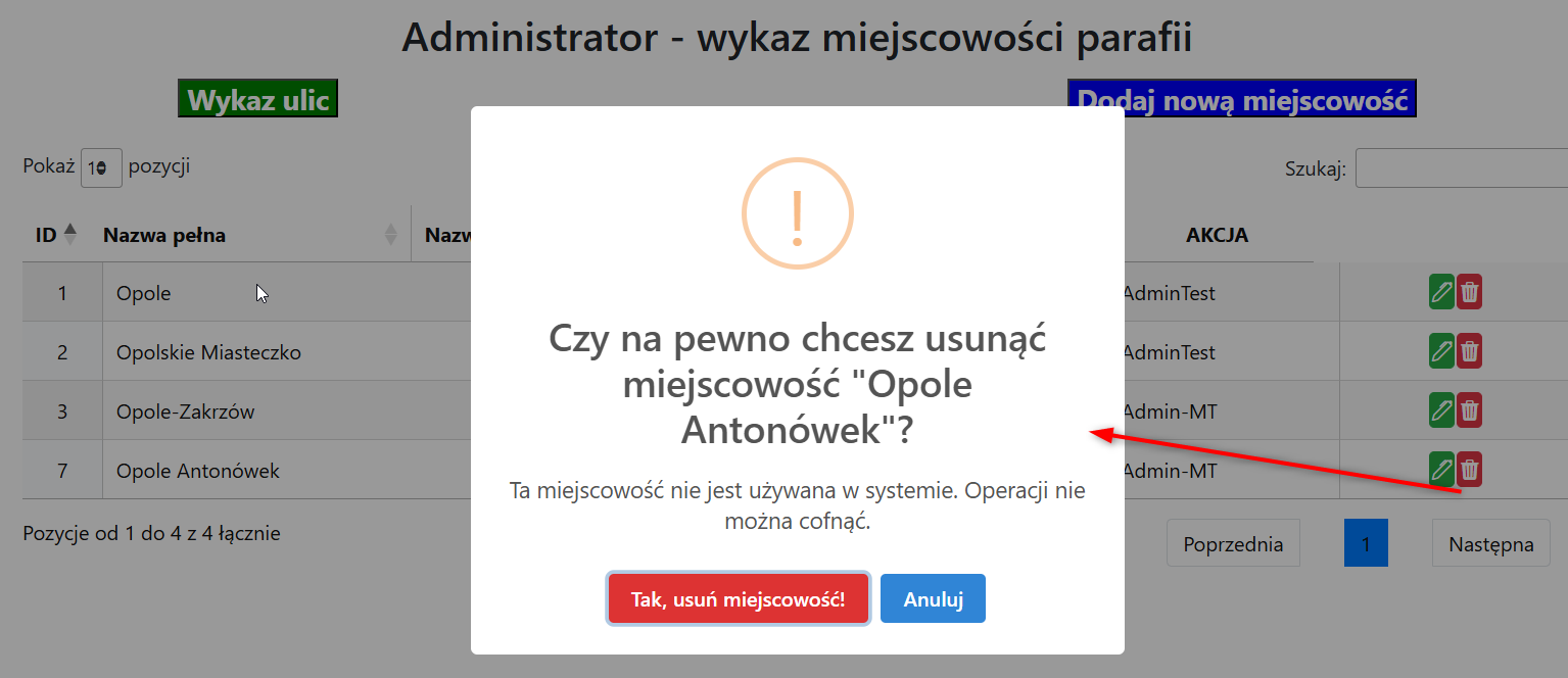 Dialog usuwania miejscowości