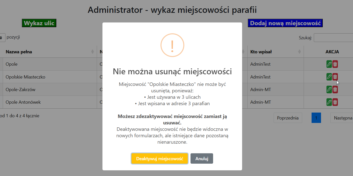 Komunikat o niemożności usunięcia