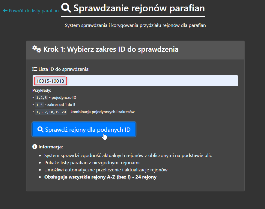 Formularz wprowadzania ID parafian do sprawdzenia