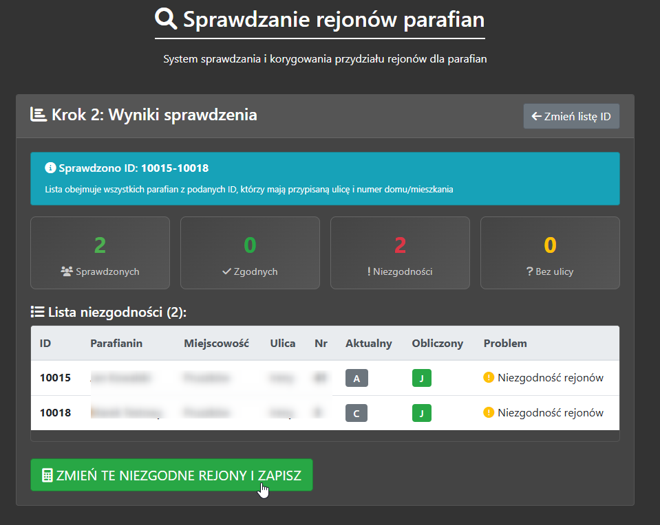Wyniki sprawdzenia rejonów z listą niezgodności