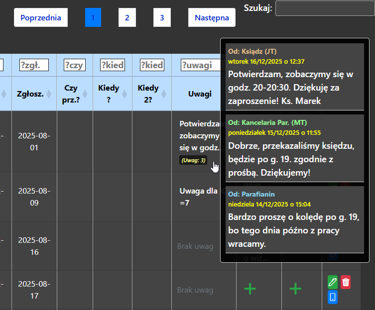 Modal z historią uwag parafianina