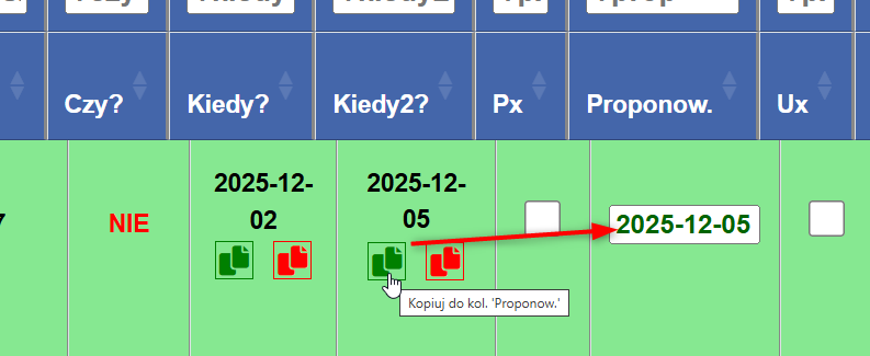 Przyciski kopiowania dat jako 'Proponowana' lub 'Ustalona'