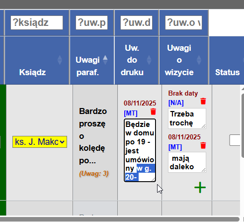 Edycja uwag bezpośrednio w tabeli