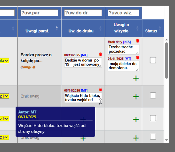 Podgląd uwag po najechaniu myszką