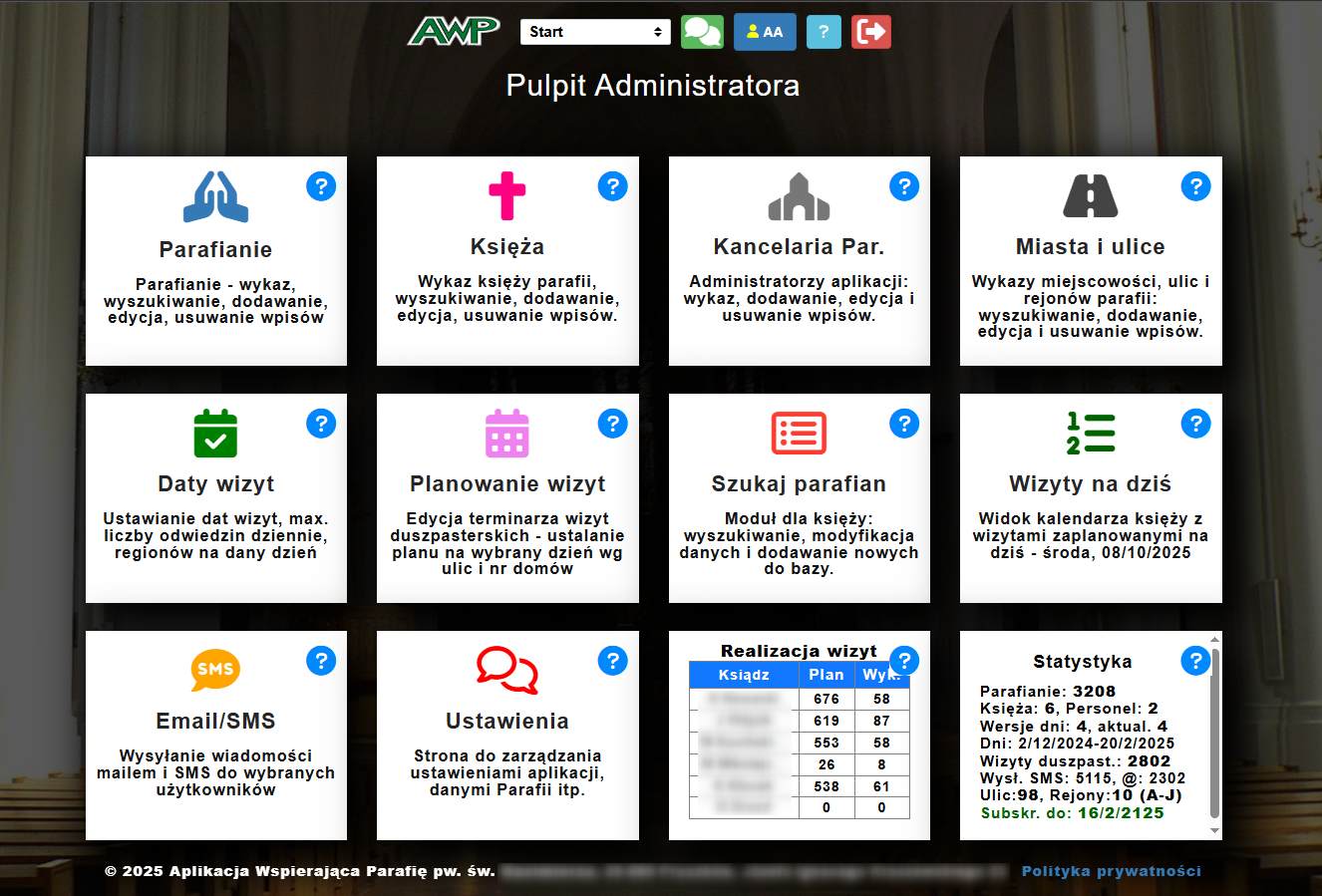 Pulpit Administratora w AWP - kafelki reprezentujące poszczególne moduły aplikacji