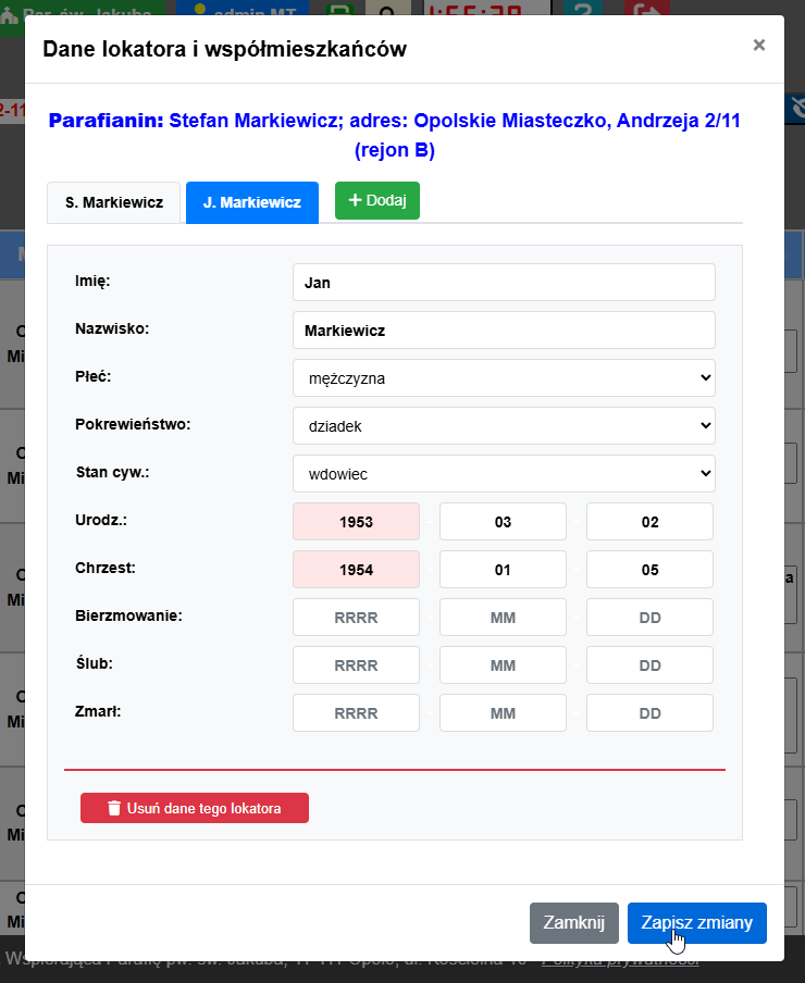 Okno szczegółów z edycją danych mieszkańców 