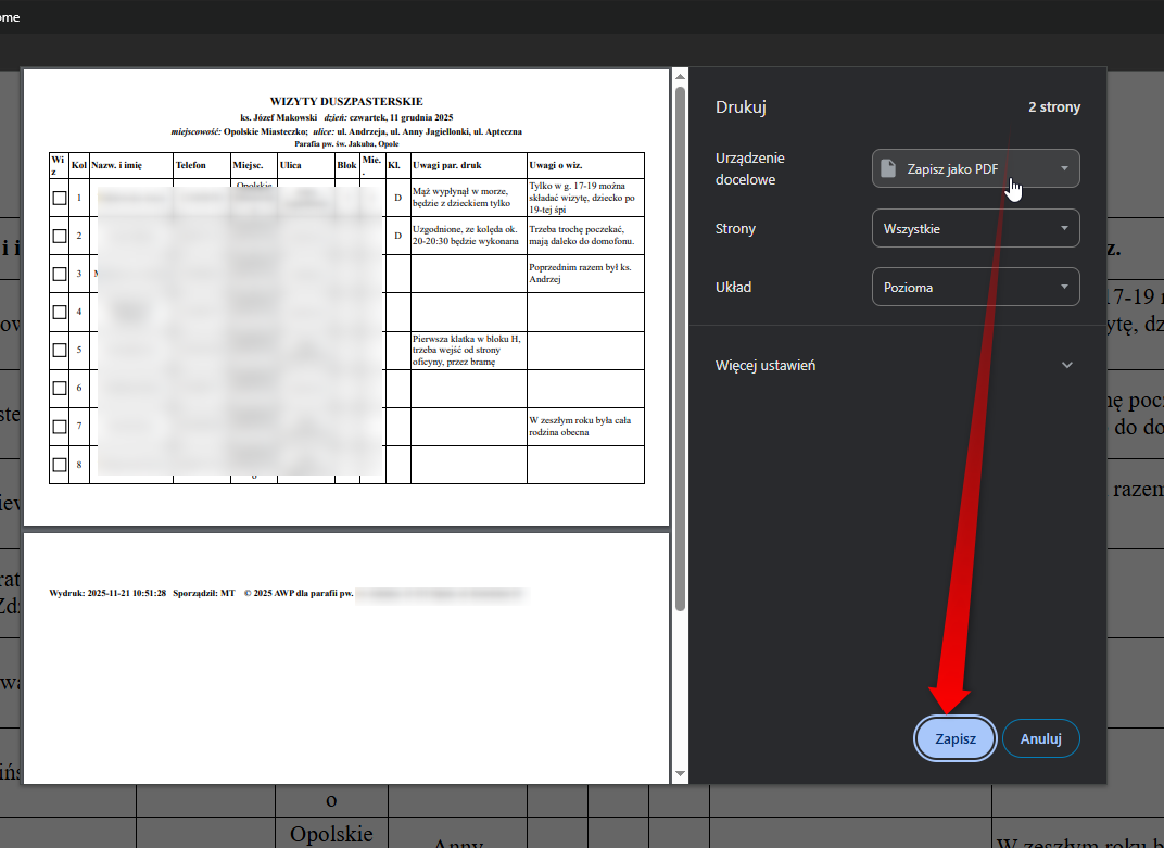 Okno drukowania przeglądarki
