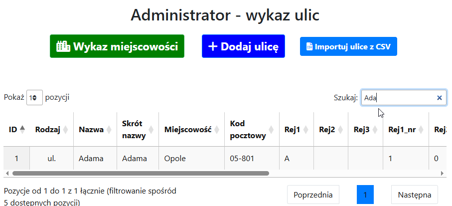 Funkcje wyszukiwania i filtrowania w tabeli