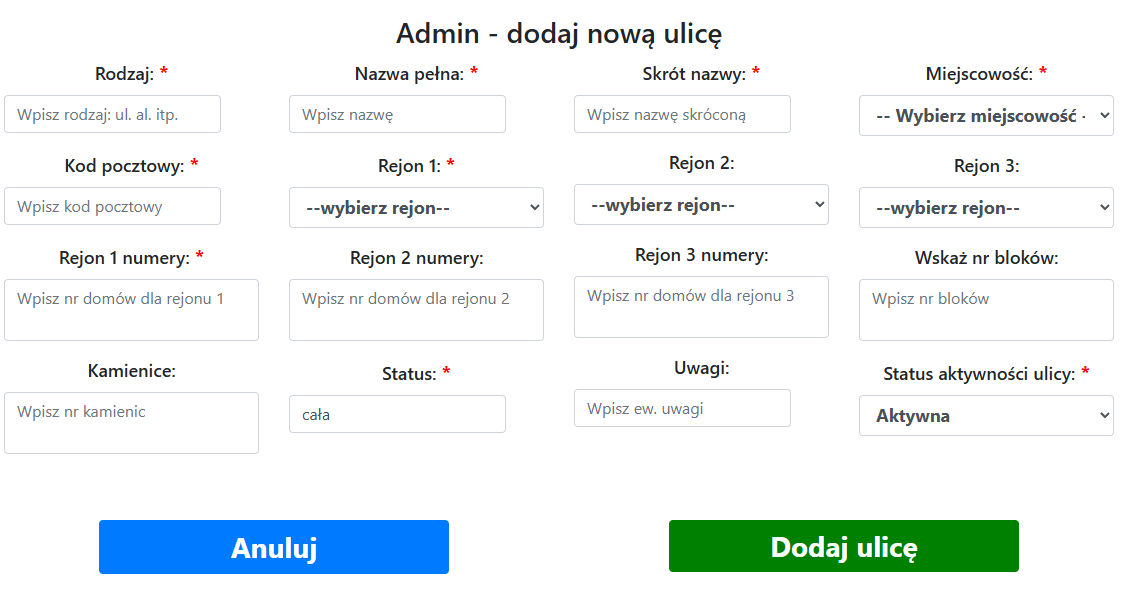 Formularz podstawowych danych ulicy