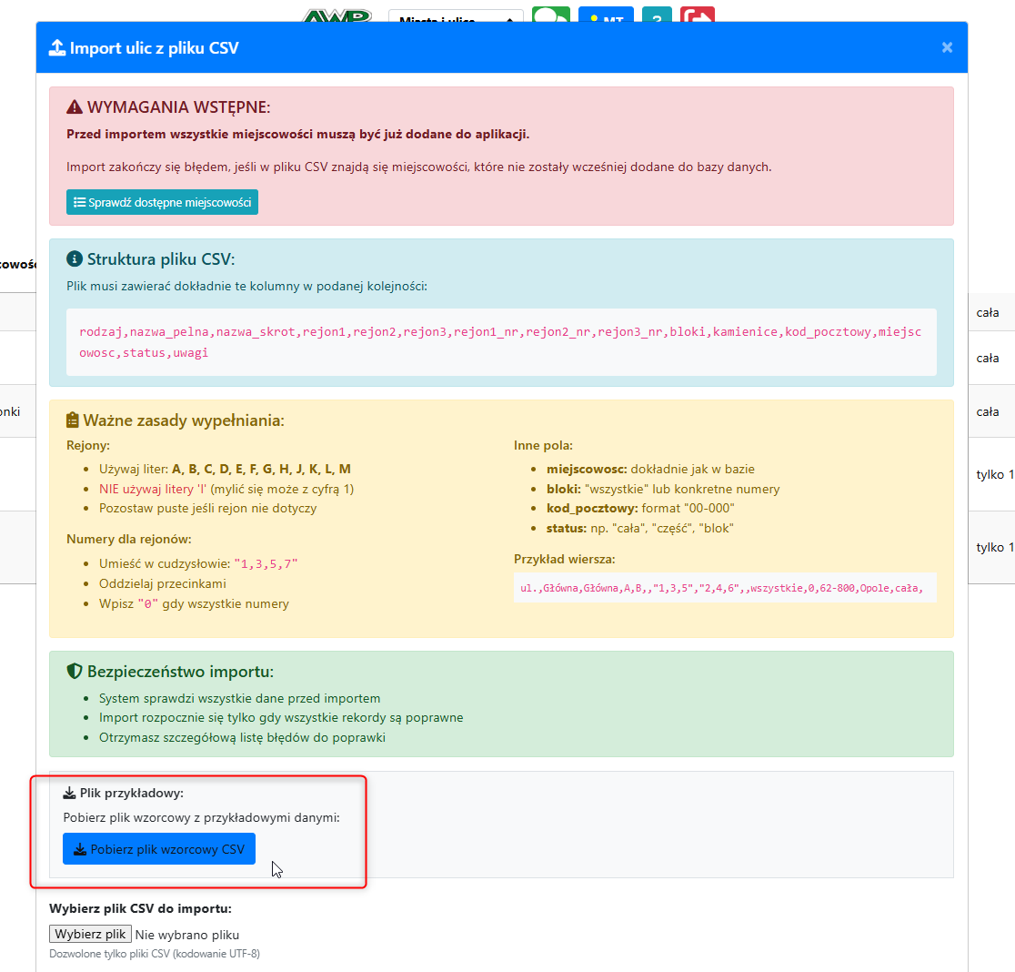 Instrukcje i Link do pobrania pliku wzorcowego CSV