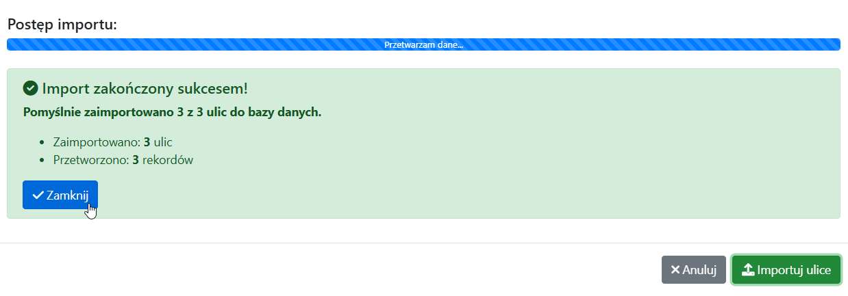 Komunikat o sukcesie importu
