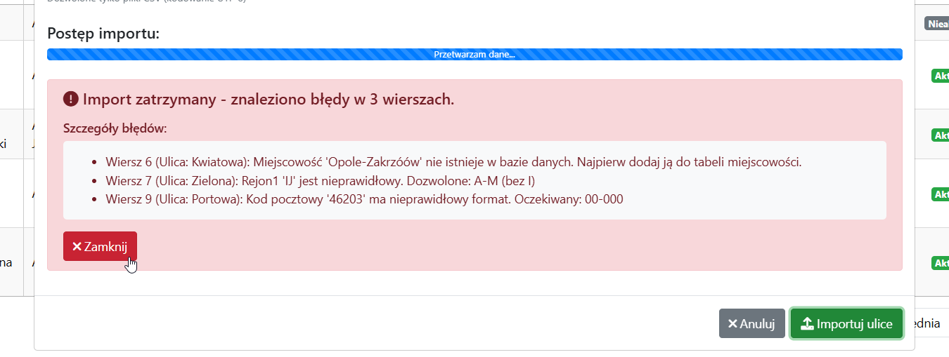 Komunikat z listą błędów walidacji