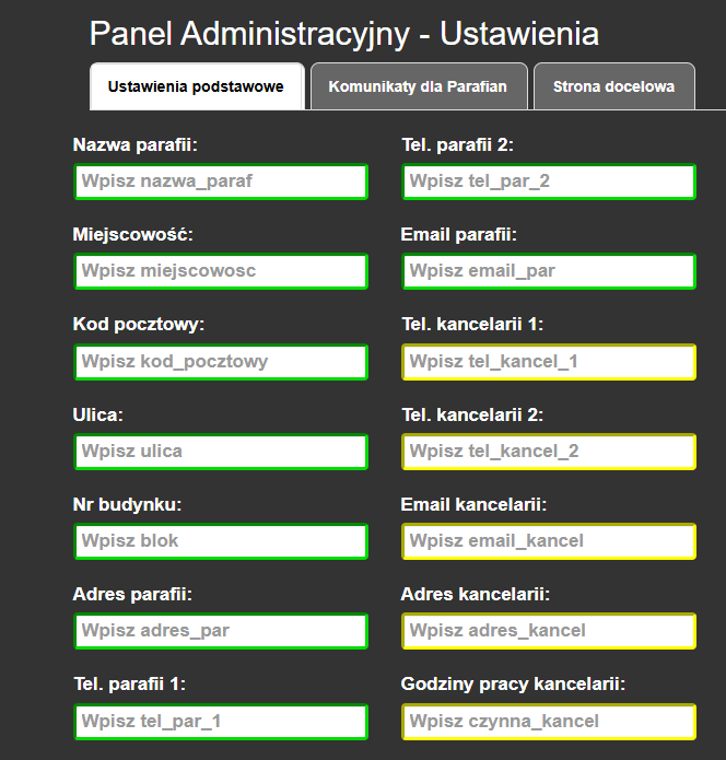 Pola z danymi parafii