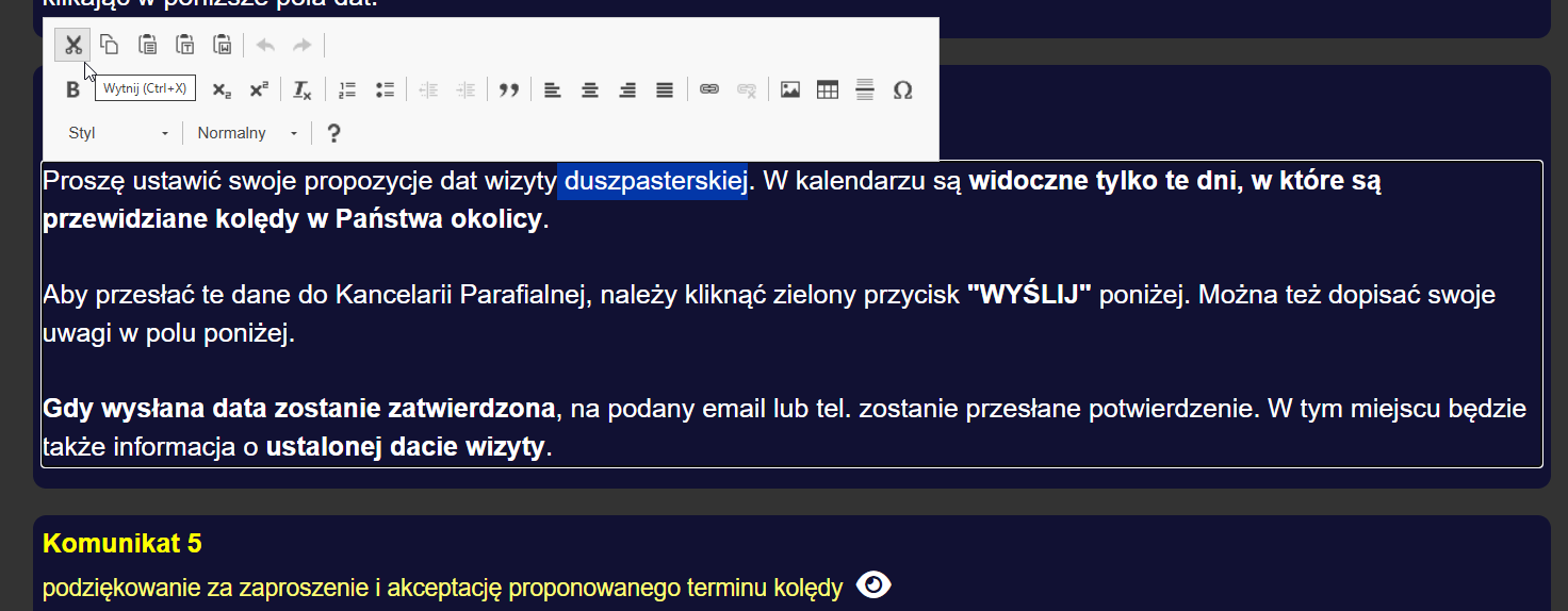 Edycja komunikatu w textarea